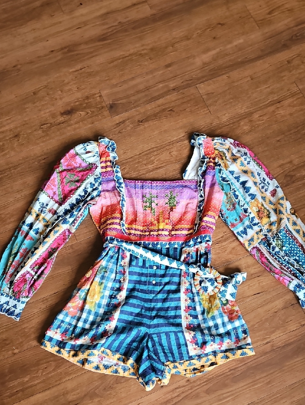 Farm Rio Romper Colorful Boho Romper with Puff Sleeves NWOT Size L